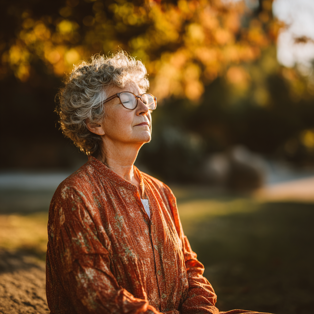 Older adult practicing mindful breathing in a peaceful natural setting